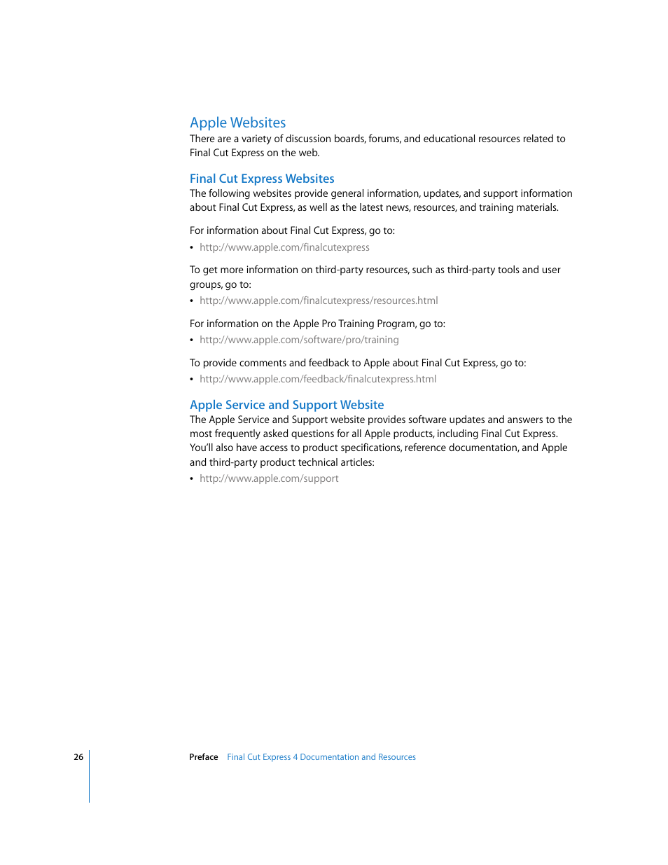 Apple websites, Finalcutexpress websites, Apple service and support website | Apple Final Cut Express 4 User Manual | Page 26 / 1152