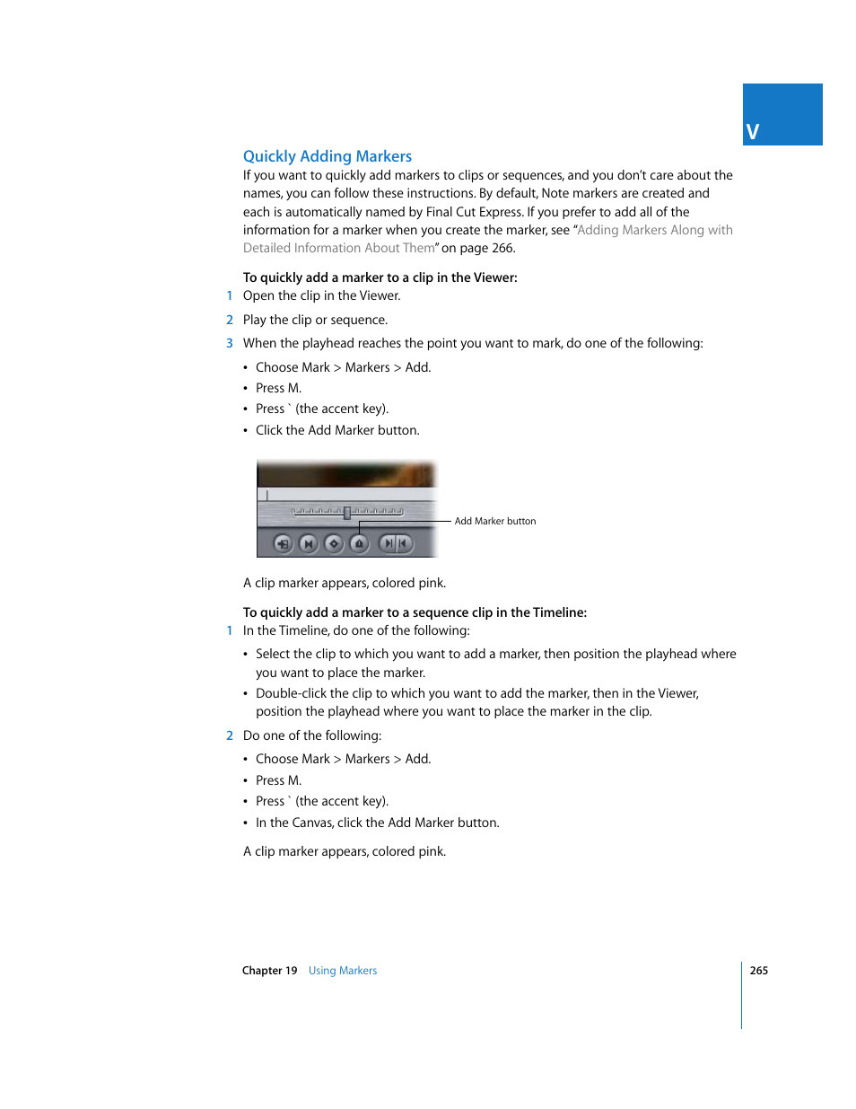 Quickly adding markers | Apple Final Cut Express 4 User Manual | Page 265 / 1152
