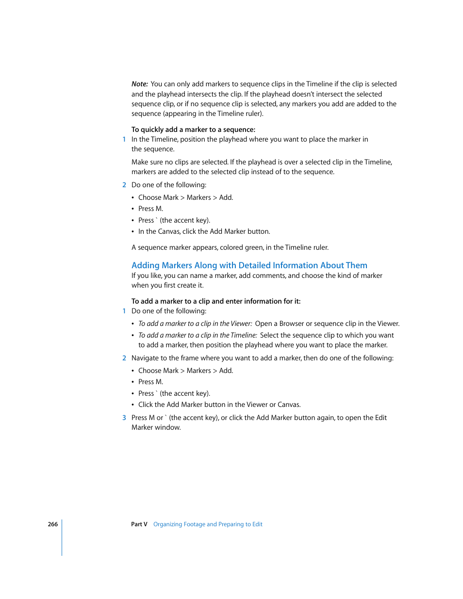 Adding markers along with, Detailed information about them | Apple Final Cut Express 4 User Manual | Page 266 / 1152