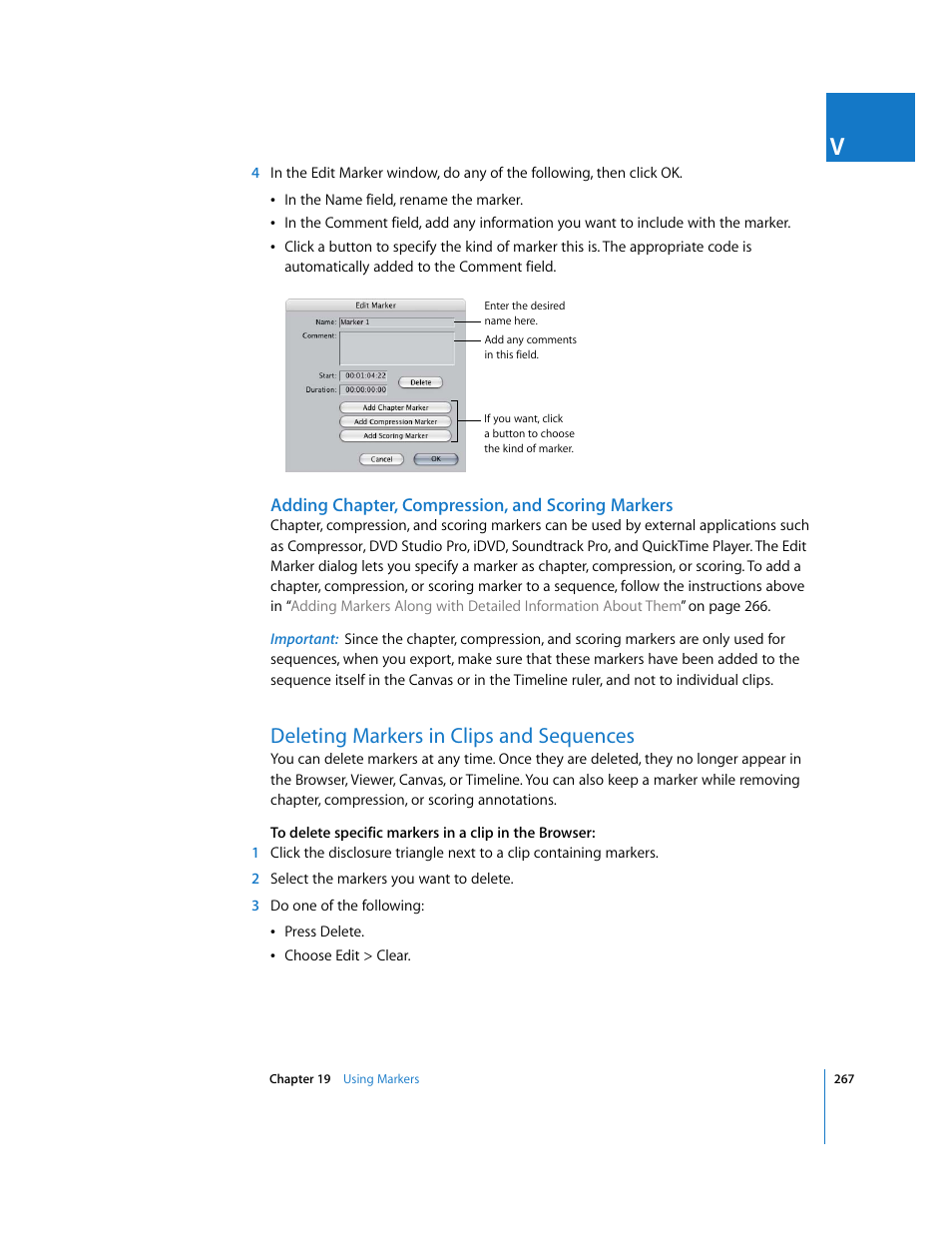 Adding chapter, compression, and scoring markers, Deleting markers in clips and sequences | Apple Final Cut Express 4 User Manual | Page 267 / 1152