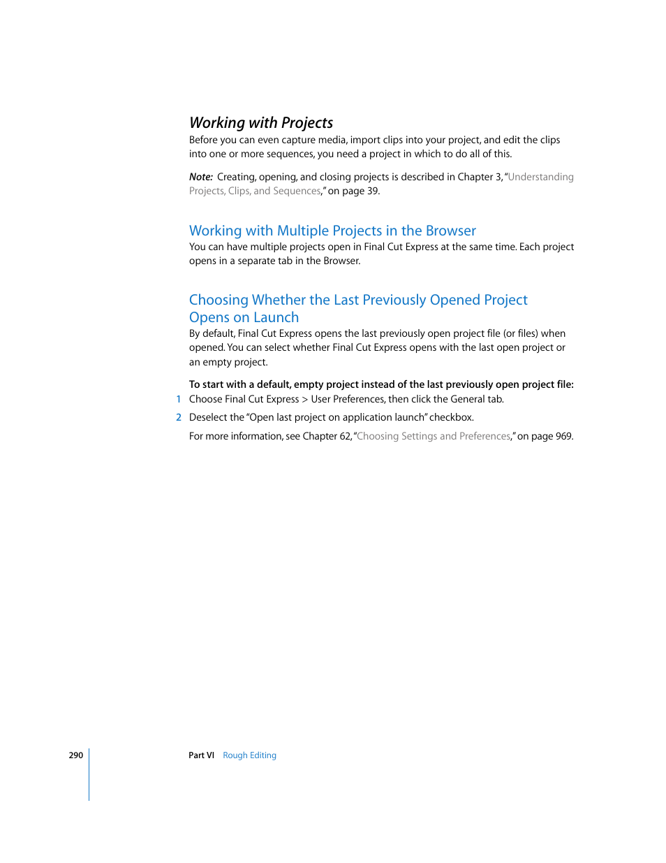 Working with projects, Working with multiple projects in the browser, P. 290) | Apple Final Cut Express 4 User Manual | Page 290 / 1152