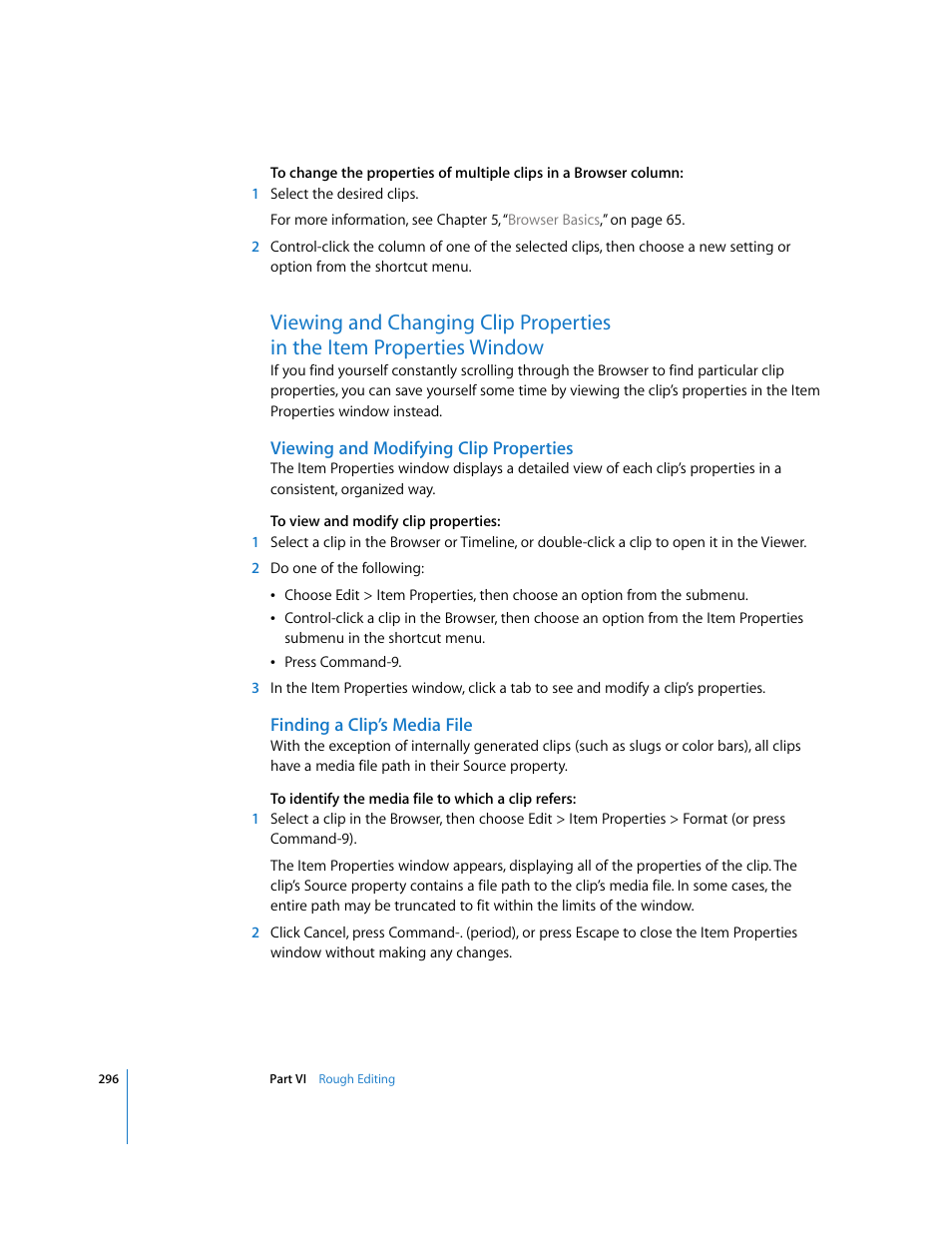 Viewing and modifying clip properties, Finding a clip’s media file, Viewing and changing clip properties | In the item properties window | Apple Final Cut Express 4 User Manual | Page 296 / 1152