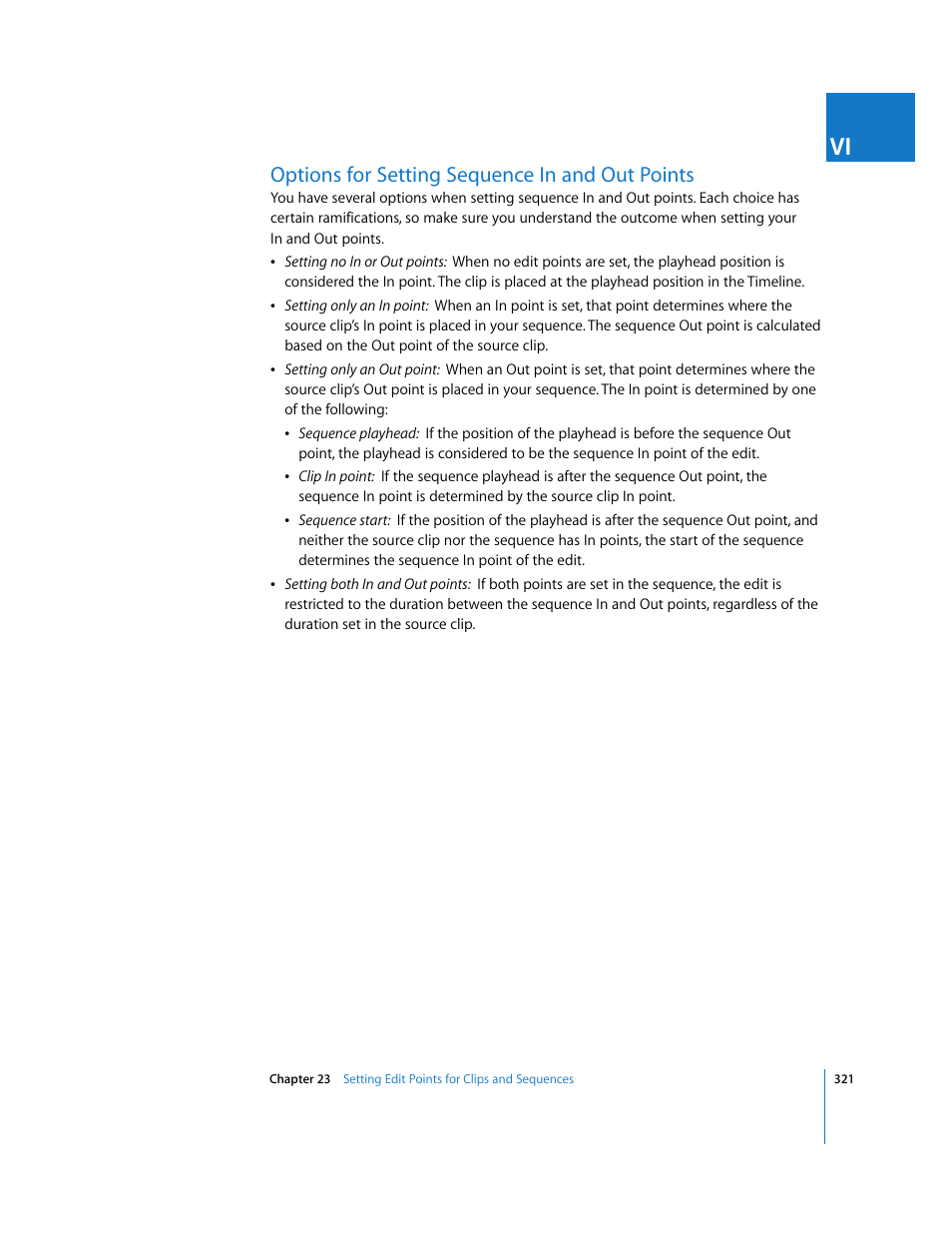 Options for setting sequence in and out points | Apple Final Cut Express 4 User Manual | Page 321 / 1152