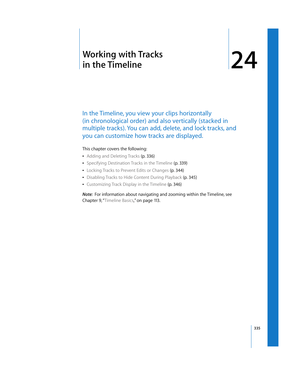 Working with tracks inthetimeline, Chapter 24, Working with tracks in the timeline | See chapter 24 | Apple Final Cut Express 4 User Manual | Page 335 / 1152