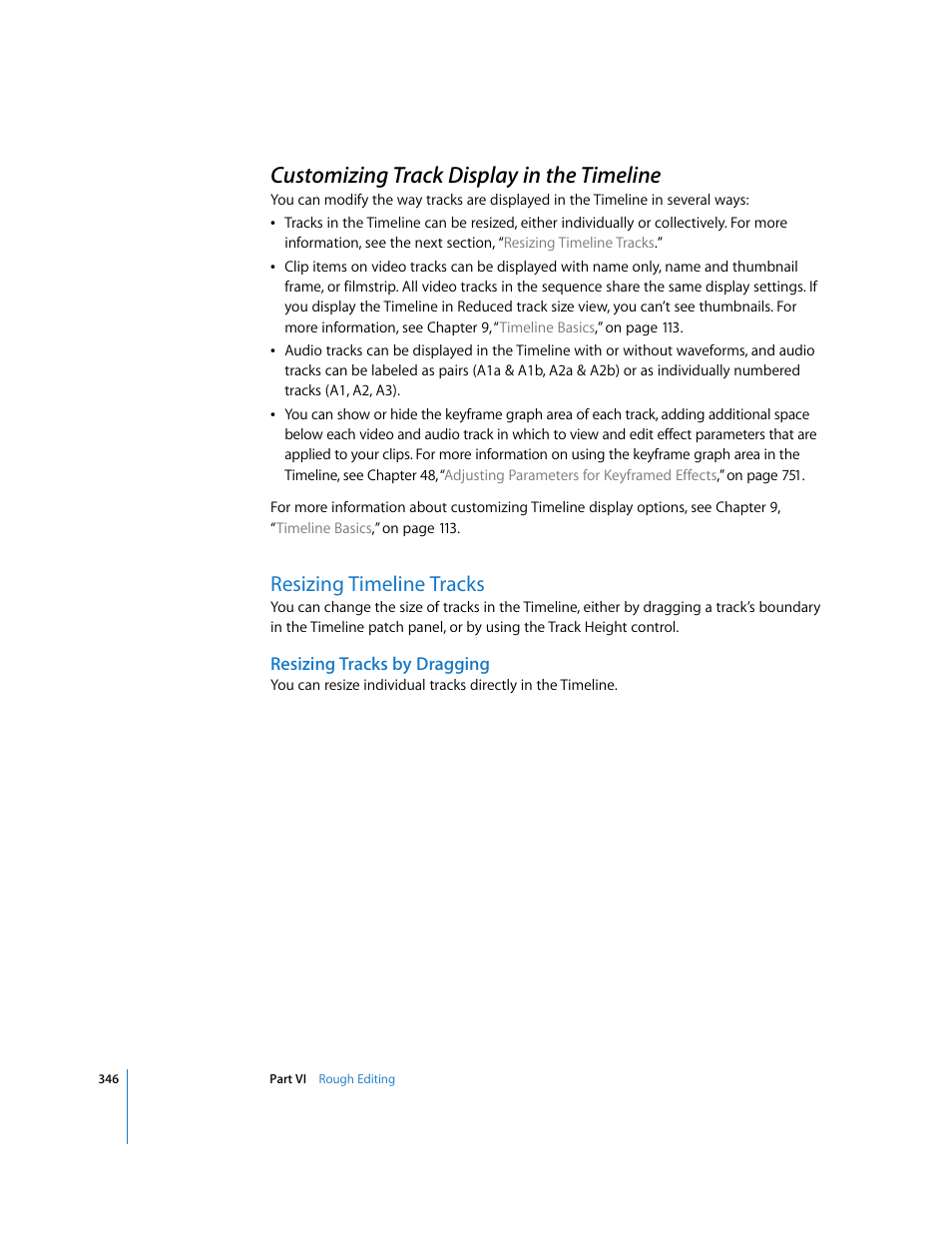 Customizing track display in the timeline, Resizing timeline tracks, Resizing tracks by dragging | P. 346) | Apple Final Cut Express 4 User Manual | Page 346 / 1152