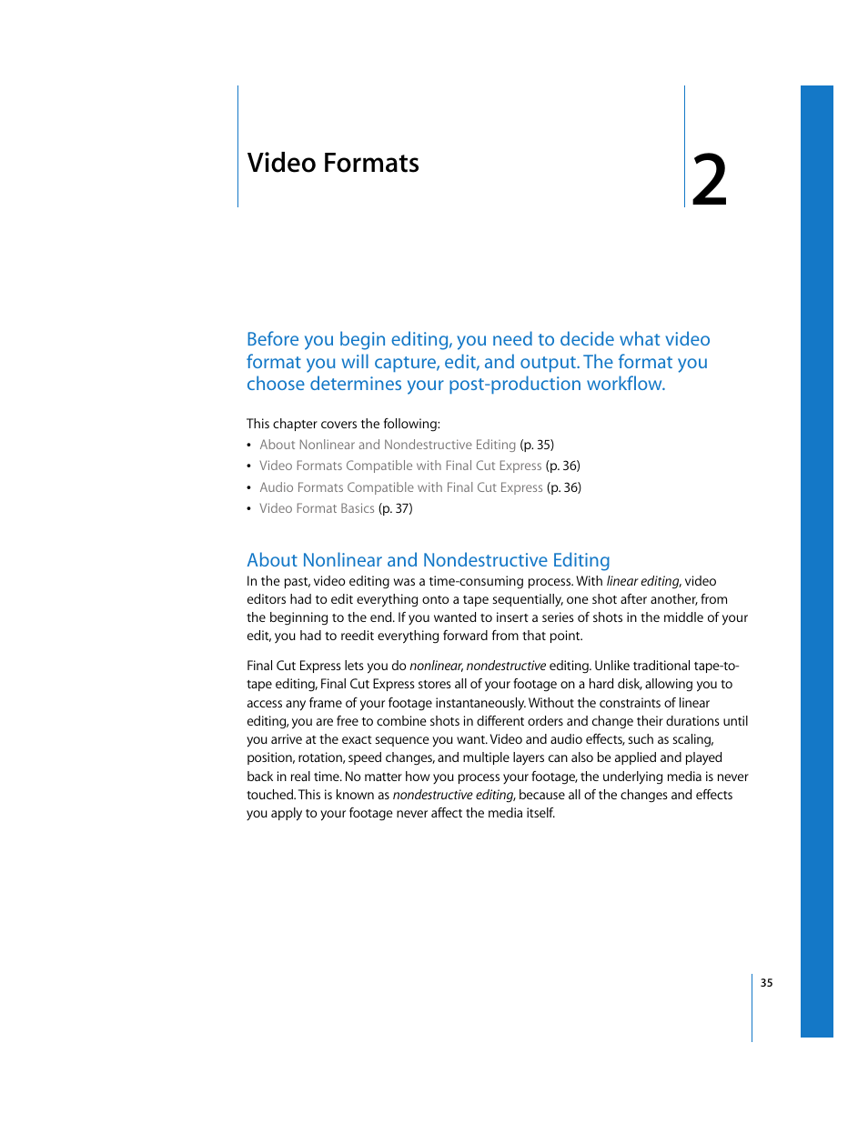 Video formats, About nonlinear and nondestructive editing, Chapter 2 | Apple Final Cut Express 4 User Manual | Page 35 / 1152
