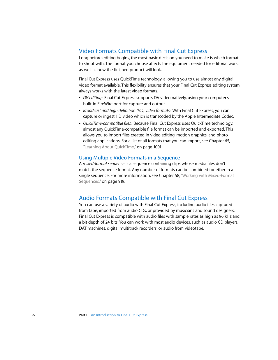 Video formats compatible with finalcutexpress, Using multiple video formats in a sequence, Audio formats compatible with finalcutexpress | Video formats compatible with final cut express, Audio formats compatible with final cut express, P. 36) | Apple Final Cut Express 4 User Manual | Page 36 / 1152