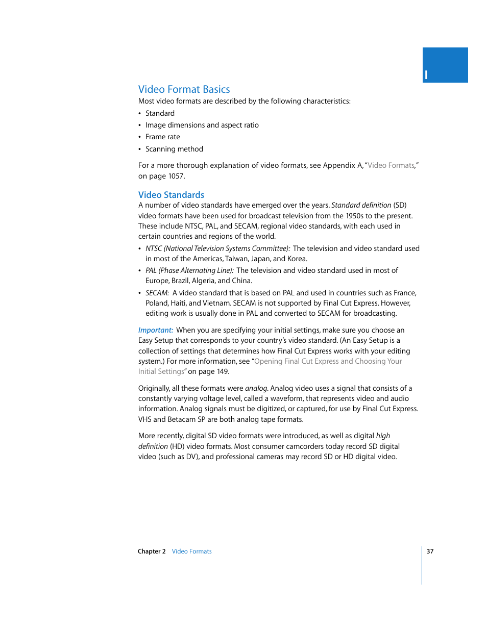 Video format basics, Video standards, P. 37) | Apple Final Cut Express 4 User Manual | Page 37 / 1152