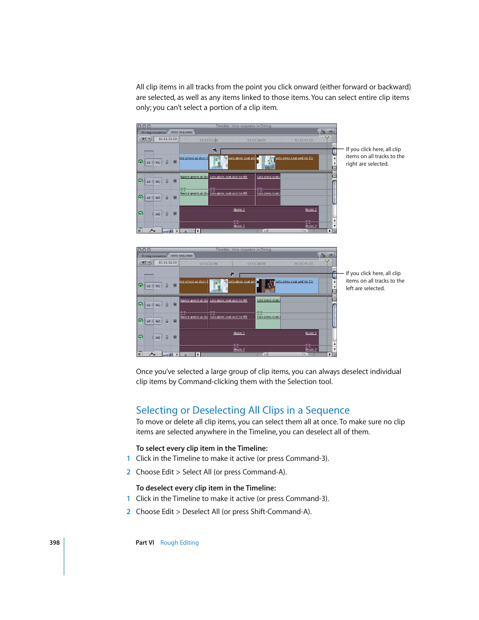 Selecting or deselecting all clips in a sequence | Apple Final Cut Express 4 User Manual | Page 398 / 1152