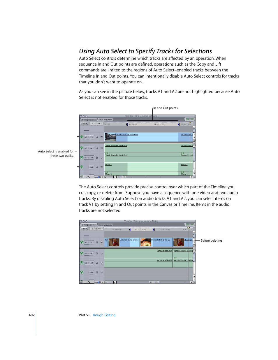 Using auto select to specify tracks for selections, Using, Auto select to specify tracks for selections | P. 402), Ther explained in, Using auto select to specify tracks for, Selections, Using auto select to specify tracks, For selections | Apple Final Cut Express 4 User Manual | Page 402 / 1152