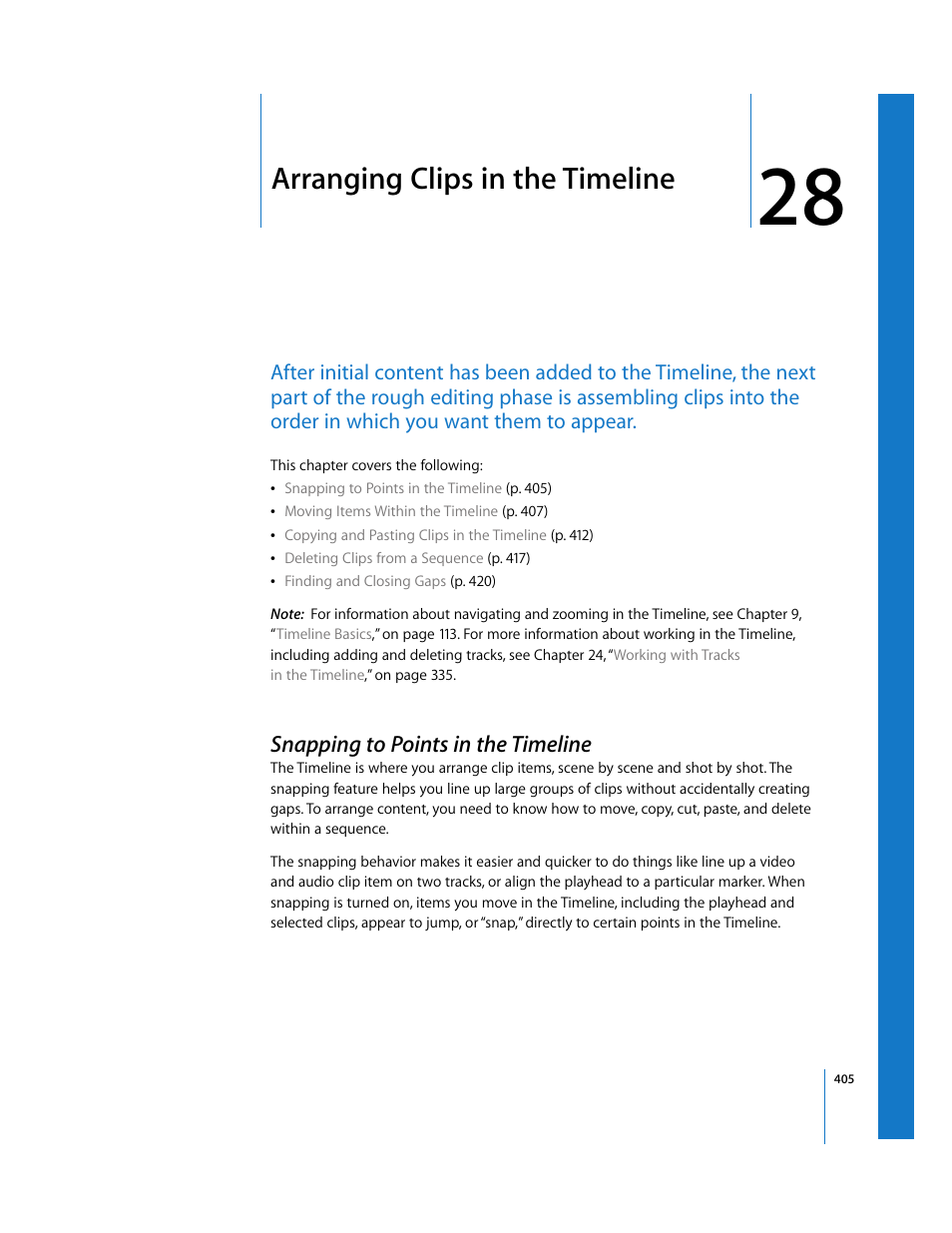 Arranging clips in the timeline, Snapping to points in the timeline, Chapter 28 | Apple Final Cut Express 4 User Manual | Page 405 / 1152