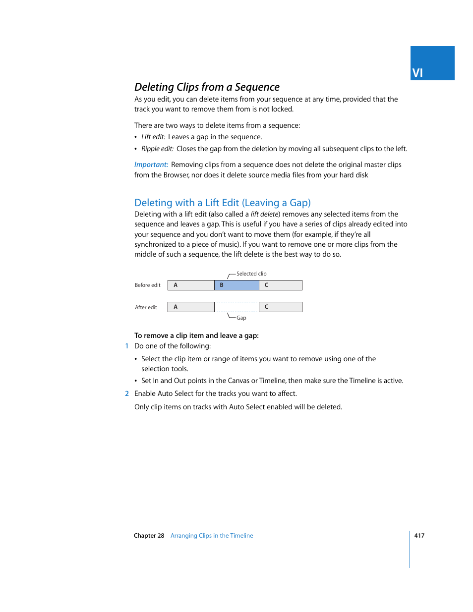 Deleting clips from a sequence, Deleting with a lift edit (leaving a gap), P. 417) | Apple Final Cut Express 4 User Manual | Page 417 / 1152