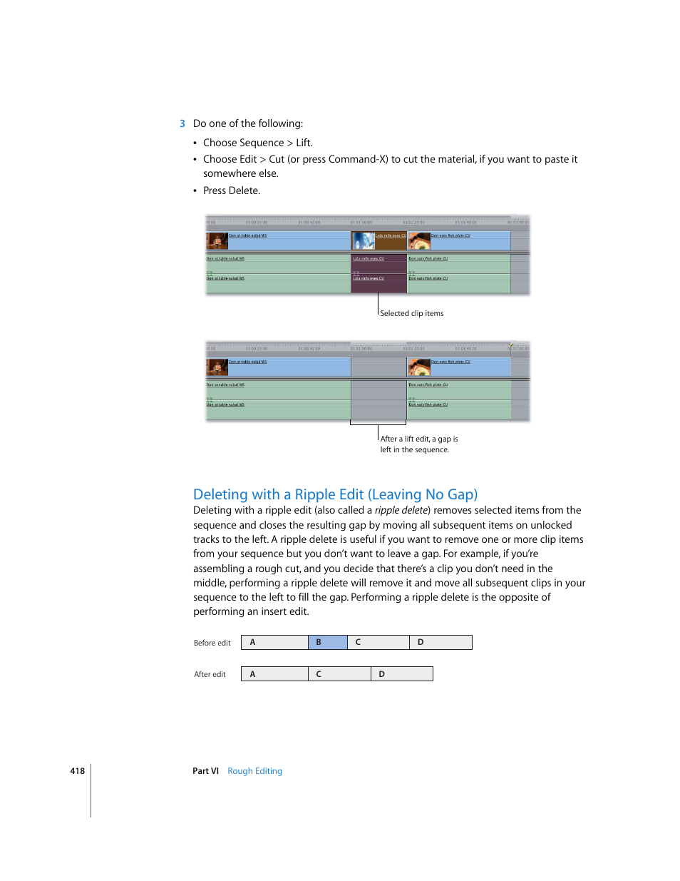 Deleting with a ripple edit (leaving no gap) | Apple Final Cut Express 4 User Manual | Page 418 / 1152