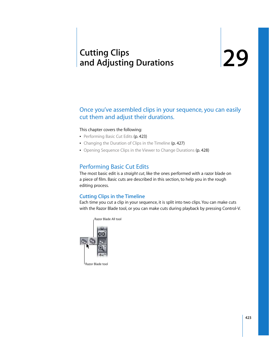Cutting clips andadjustingdurations, Performing basic cut edits, Cutting clips in the timeline | Chapter 29, Cutting clips and adjusting durations | Apple Final Cut Express 4 User Manual | Page 423 / 1152