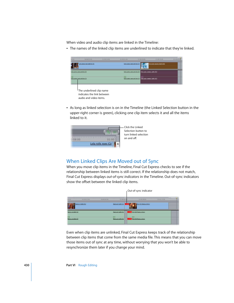 When linked clips are moved out of sync | Apple Final Cut Express 4 User Manual | Page 430 / 1152