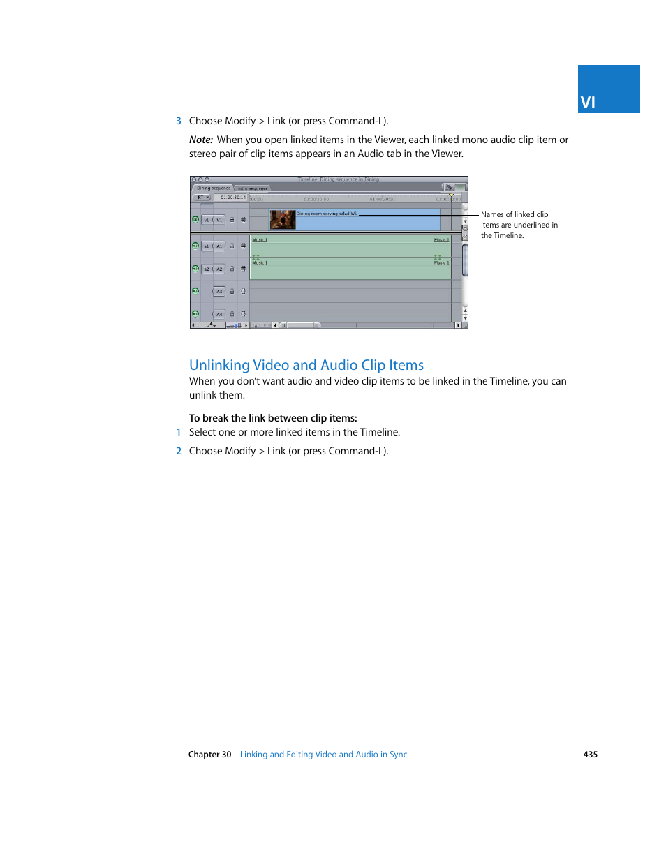 Unlinking video and audio clip items | Apple Final Cut Express 4 User Manual | Page 435 / 1152