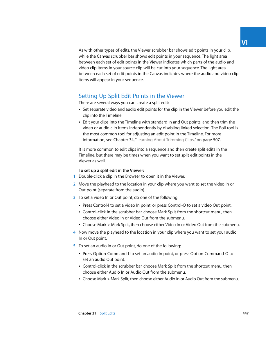 Setting up split edit points in the viewer, P. 447) | Apple Final Cut Express 4 User Manual | Page 447 / 1152