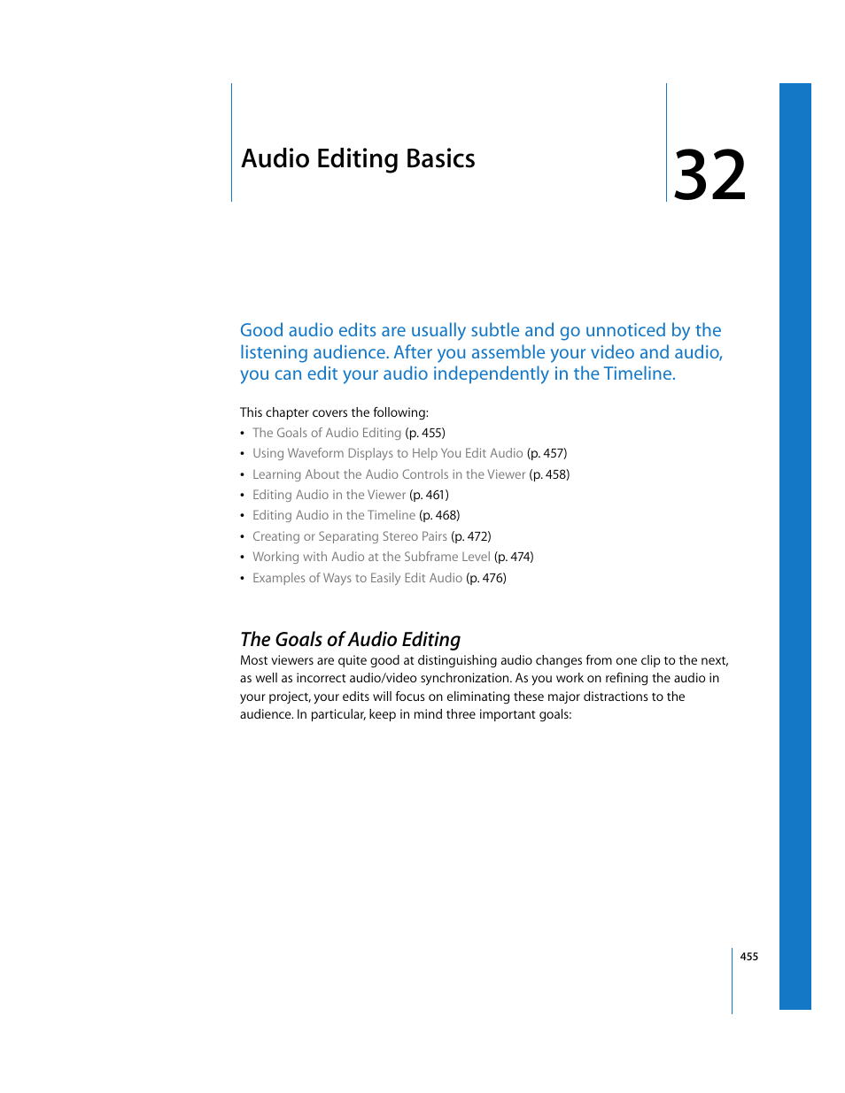Audio editing basics, The goals of audio editing, Chapter 32 | See chapter 32, En in chapter 32, Audio editing, Basics | Apple Final Cut Express 4 User Manual | Page 455 / 1152