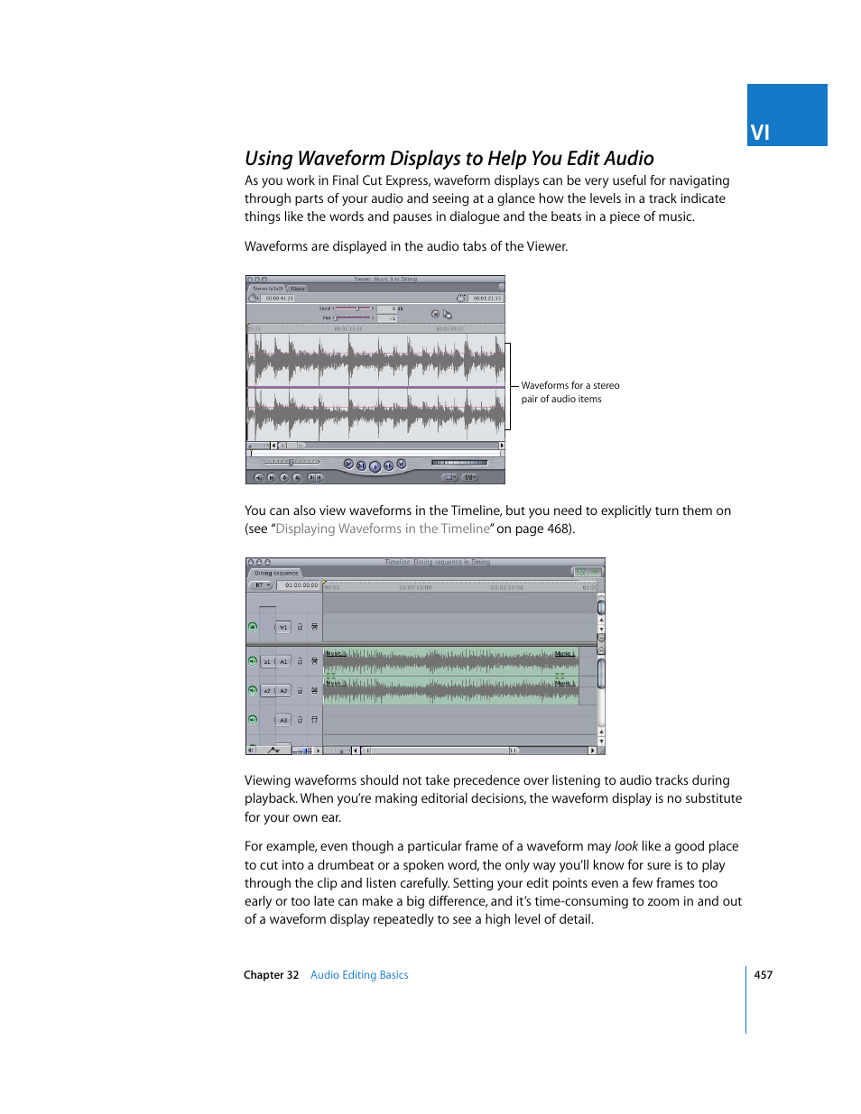 Using waveform displays to help you edit audio, P. 457) | Apple Final Cut Express 4 User Manual | Page 457 / 1152
