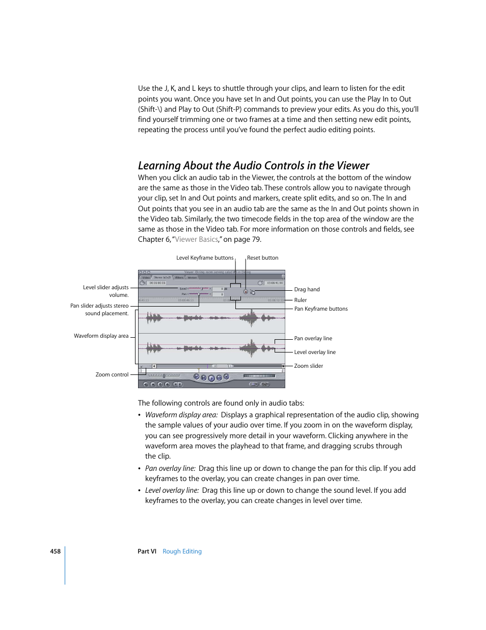 Learning about the audio controls in the viewer, P. 458) | Apple Final Cut Express 4 User Manual | Page 458 / 1152