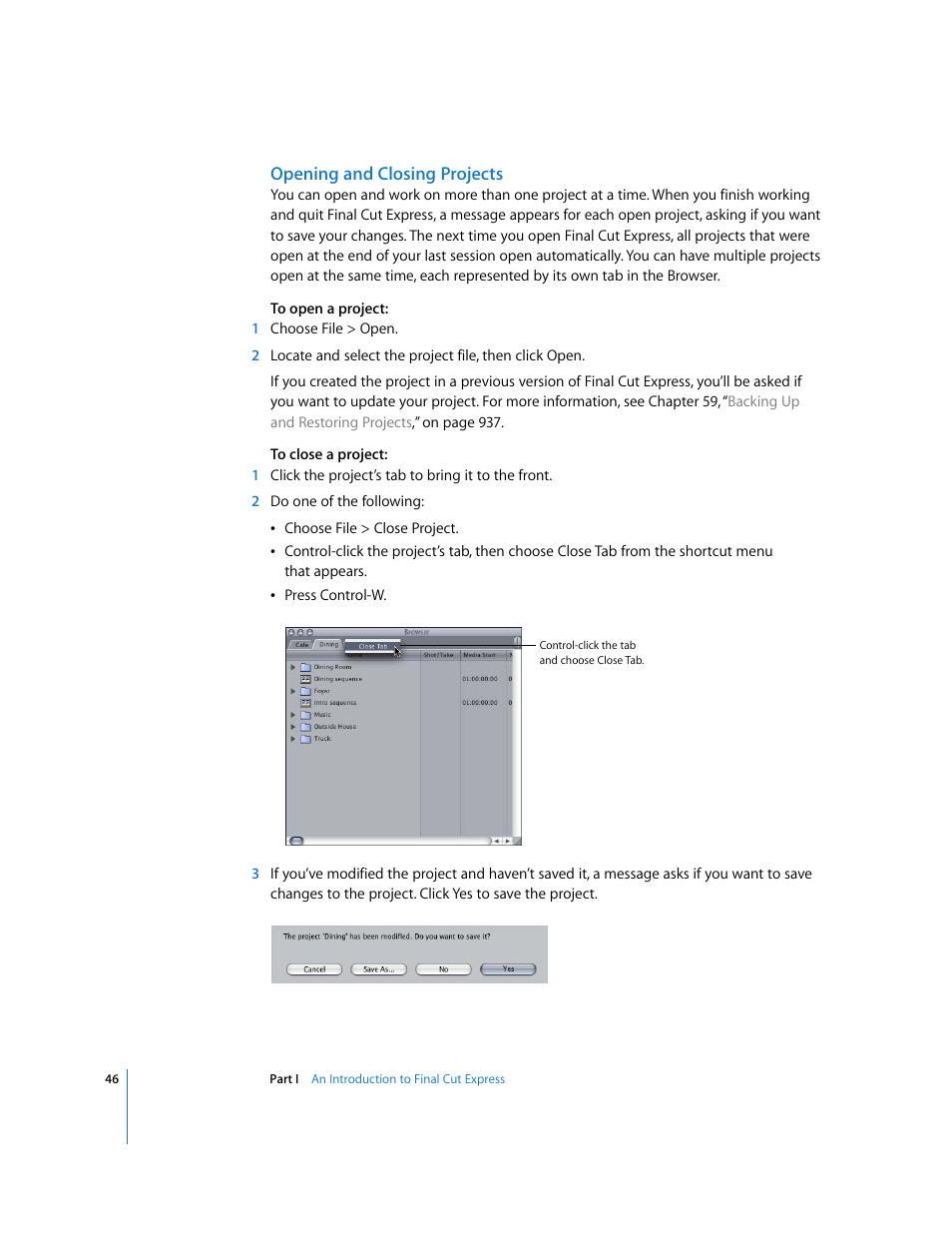 Opening and closing projects | Apple Final Cut Express 4 User Manual | Page 46 / 1152