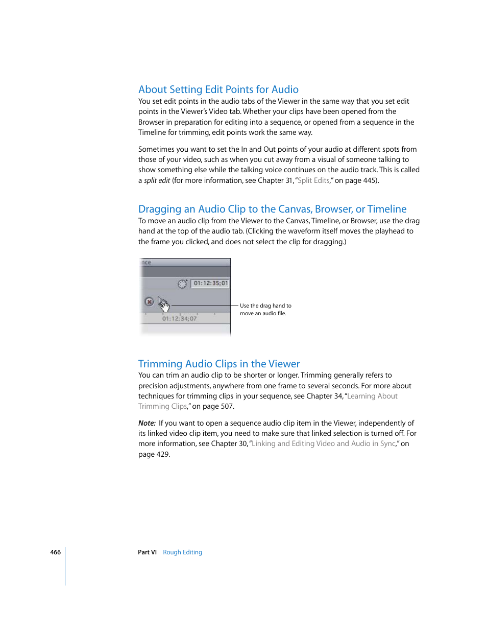 About setting edit points for audio, Trimming audio clips in the viewer | Apple Final Cut Express 4 User Manual | Page 466 / 1152