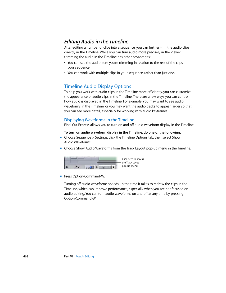 Editing audio in the timeline, Timeline audio display options, Displaying waveforms in the timeline | P. 468) | Apple Final Cut Express 4 User Manual | Page 468 / 1152
