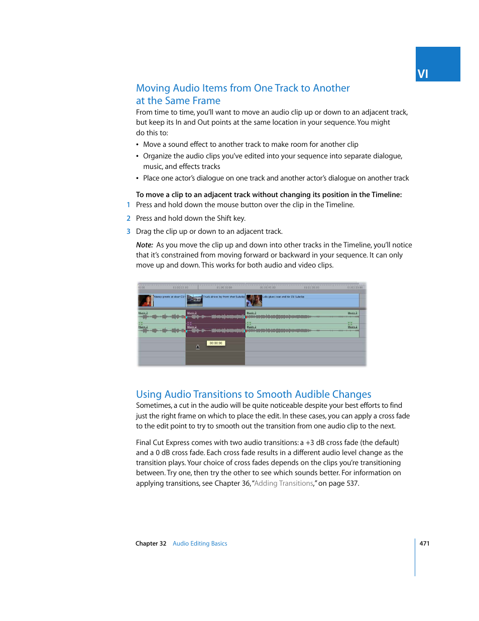 Using audio transitions to smooth audible changes | Apple Final Cut Express 4 User Manual | Page 471 / 1152