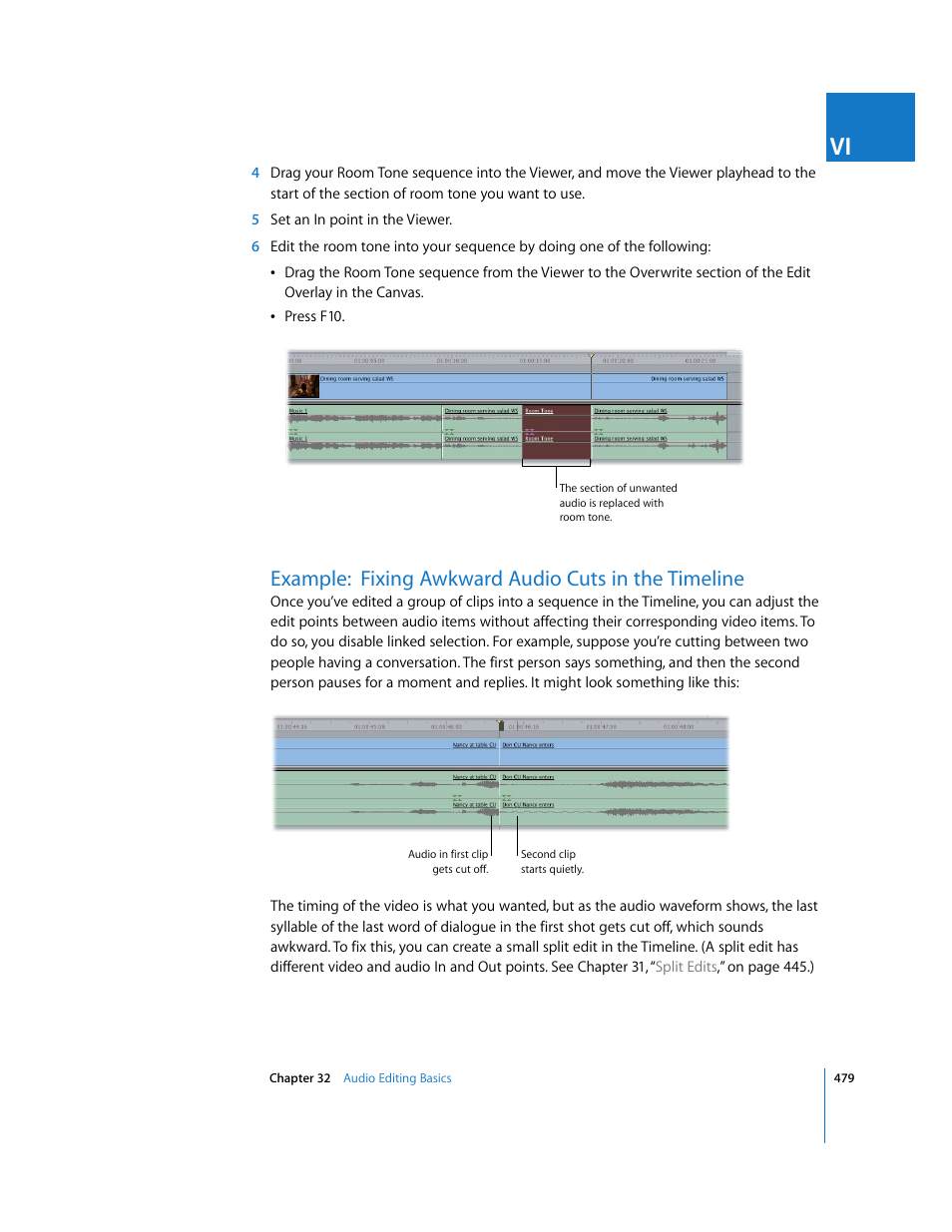 Example: fixing awkward audio cuts in the timeline | Apple Final Cut Express 4 User Manual | Page 479 / 1152