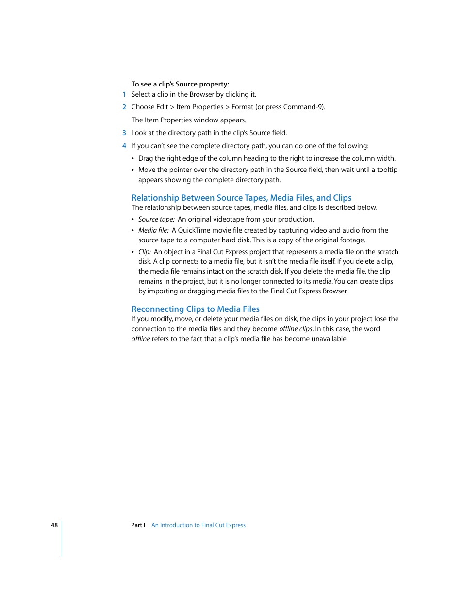 Reconnecting clips to media files | Apple Final Cut Express 4 User Manual | Page 48 / 1152