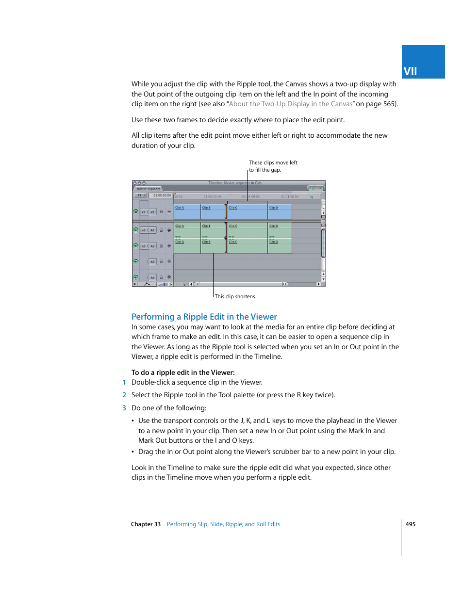 Performing a ripple edit in the viewer | Apple Final Cut Express 4 User Manual | Page 495 / 1152