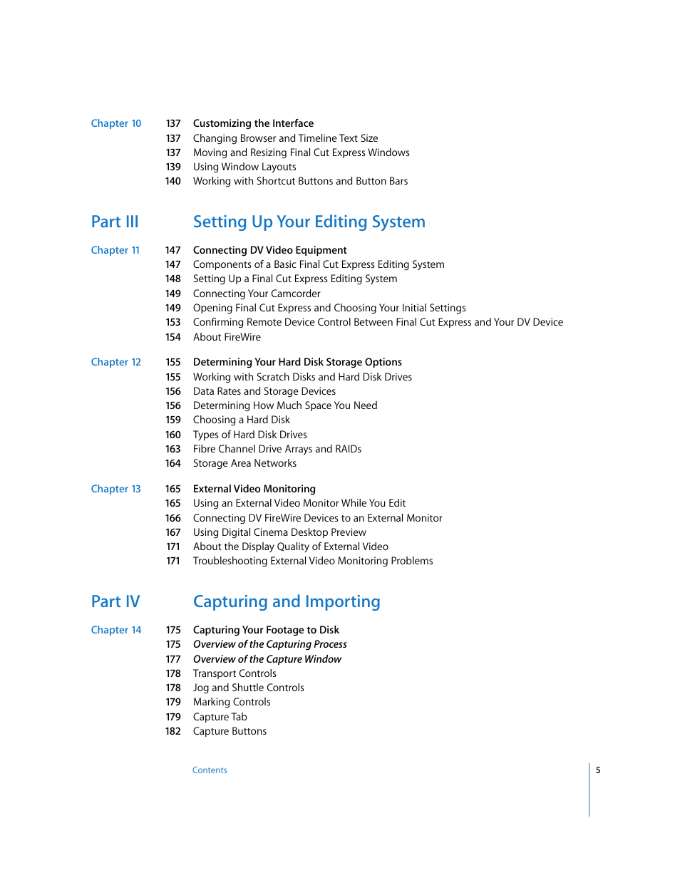 Part iii setting up your editing system, Part iv capturing and importing | Apple Final Cut Express 4 User Manual | Page 5 / 1152