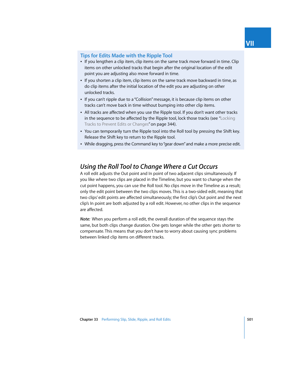 Tips for edits made with the ripple tool, Using the roll tool to change where a cut occurs, P. 501) | Apple Final Cut Express 4 User Manual | Page 501 / 1152