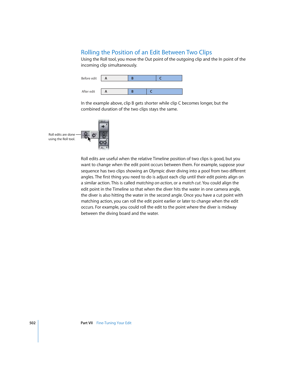 Rolling the position of an edit between two clips | Apple Final Cut Express 4 User Manual | Page 502 / 1152