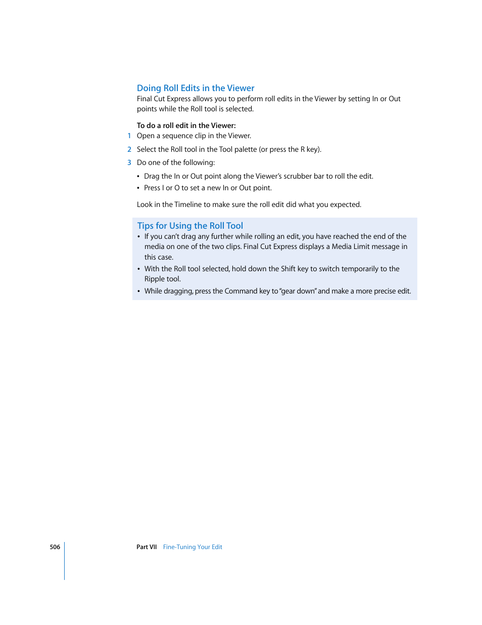Doing roll edits in the viewer, Tips for using the roll tool | Apple Final Cut Express 4 User Manual | Page 506 / 1152