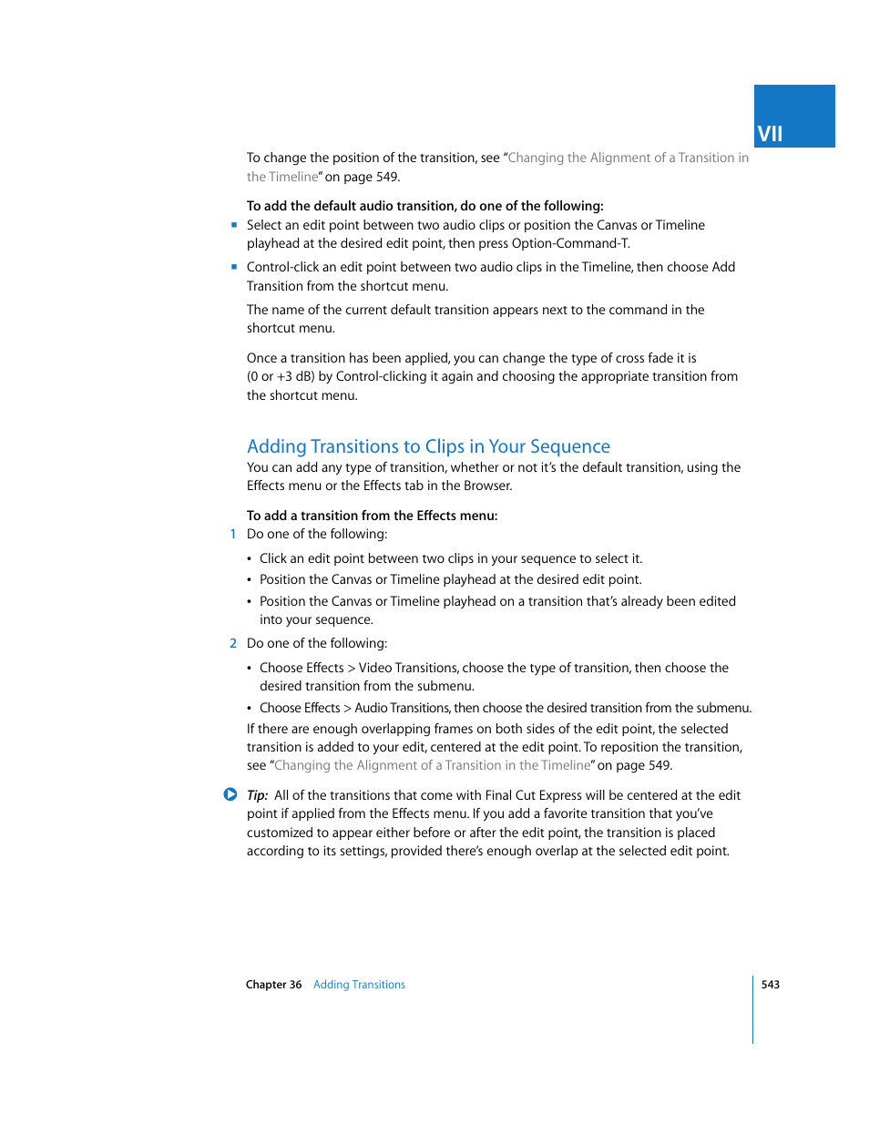 Adding transitions to clips in your sequence | Apple Final Cut Express 4 User Manual | Page 543 / 1152