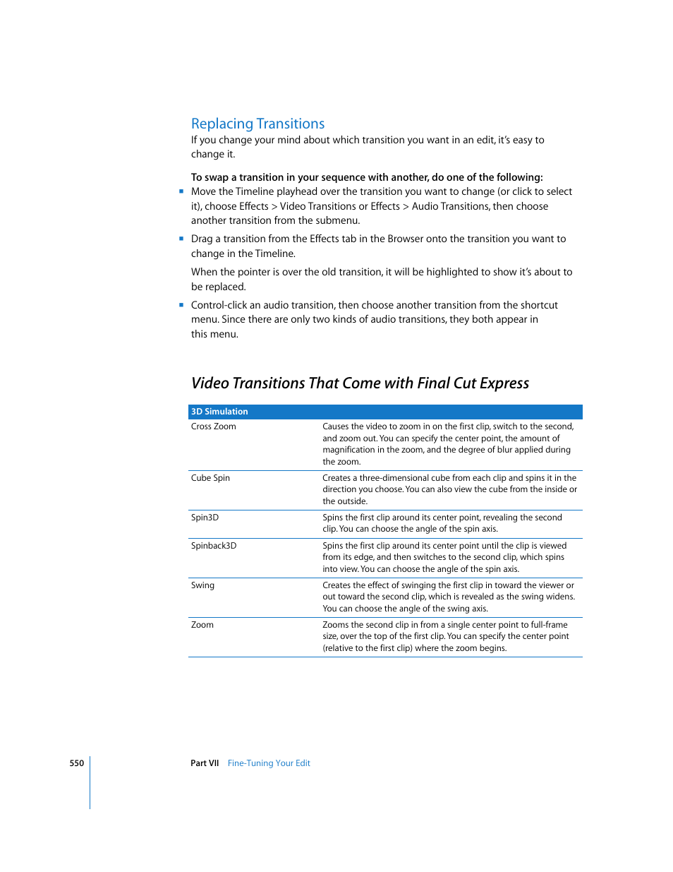 Replacing transitions, Video transitions that come with finalcutexpress, Video transitions that come with final cut express | P. 550) | Apple Final Cut Express 4 User Manual | Page 550 / 1152