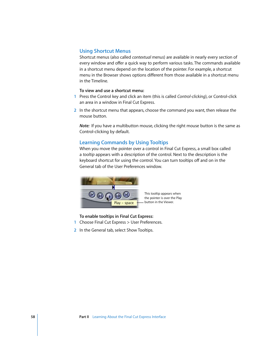 Using shortcut menus, Learning commands by using tooltips | Apple Final Cut Express 4 User Manual | Page 58 / 1152