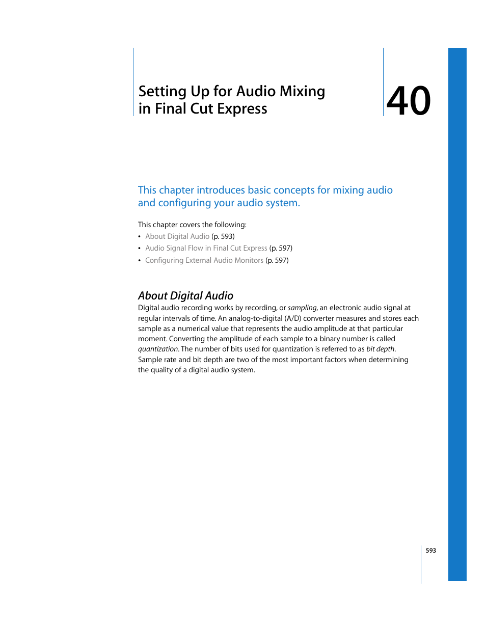 Setting up for audio mixing infinalcutexpress, About digital audio, Chapter 40 | Setting up for audio mixing in final cut express | Apple Final Cut Express 4 User Manual | Page 593 / 1152