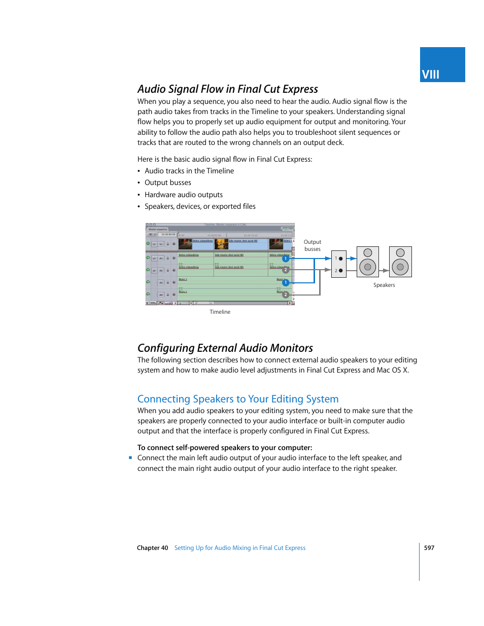 Audio signal flow in finalcutexpress, Configuring external audio monitors, Connecting speakers to your editing system | Audio signal flow in final cut express, P. 597), Viii | Apple Final Cut Express 4 User Manual | Page 597 / 1152