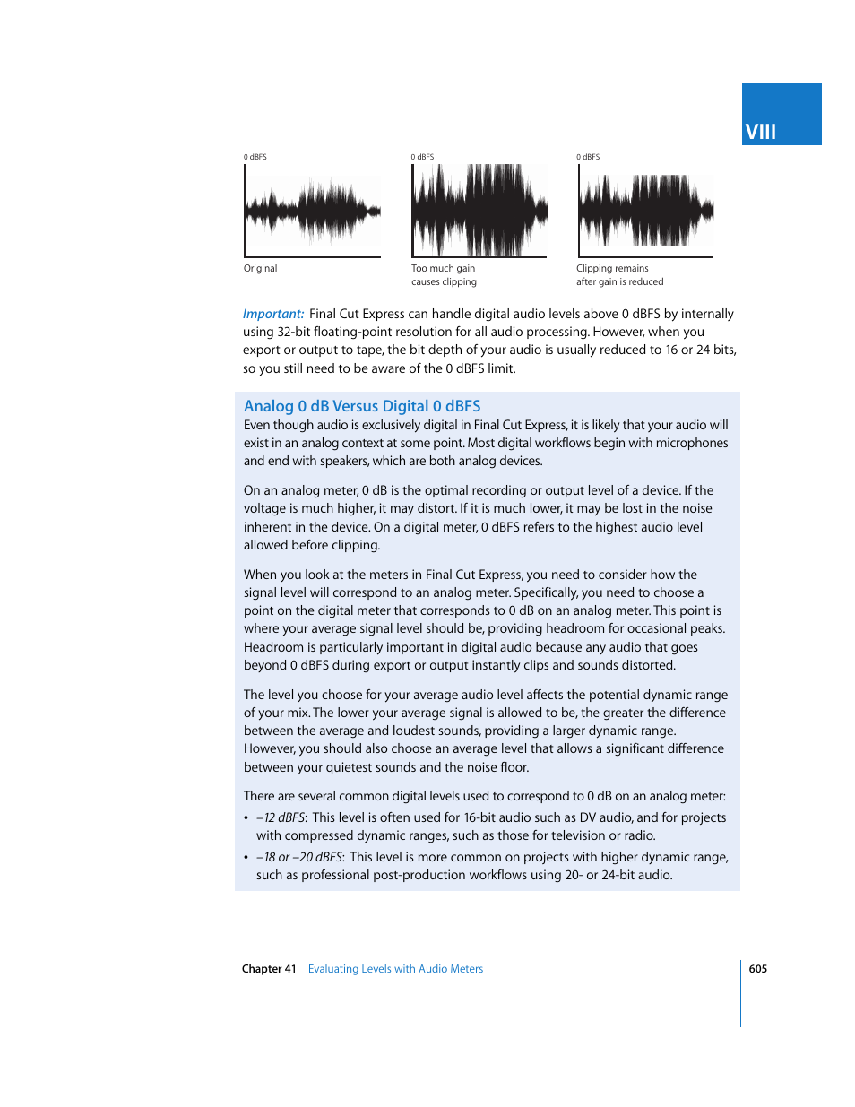 Analog 0db versus digital 0dbfs, Viii, Analog 0 db versus digital 0 dbfs | Apple Final Cut Express 4 User Manual | Page 605 / 1152