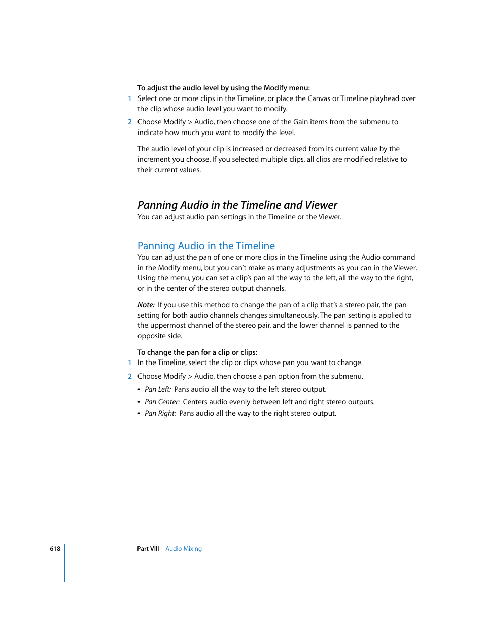 Panning audio in the timeline and viewer, Panning audio in the timeline, P. 618) | Apple Final Cut Express 4 User Manual | Page 618 / 1152
