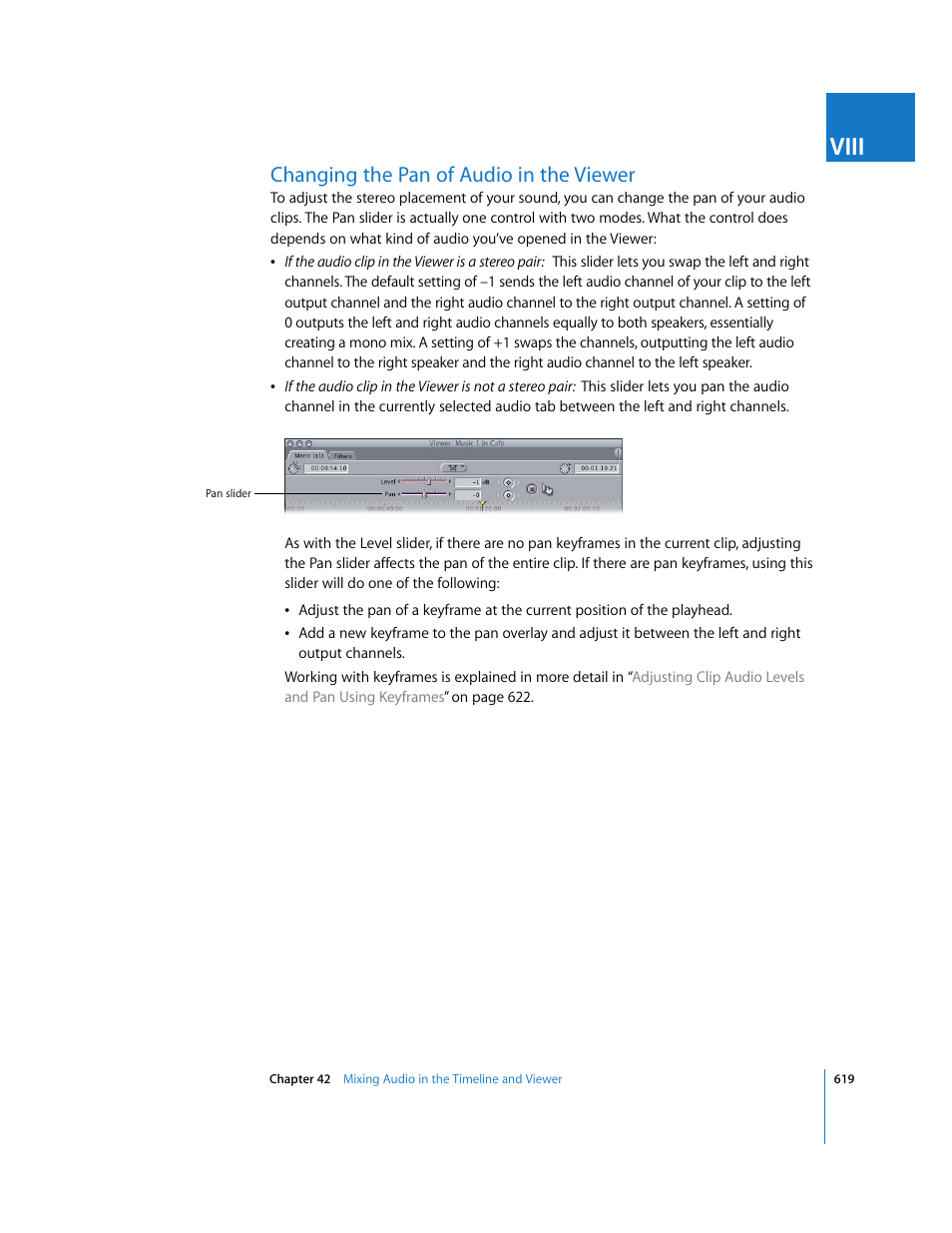 Changing the pan of audio in the viewer, Viii | Apple Final Cut Express 4 User Manual | Page 619 / 1152