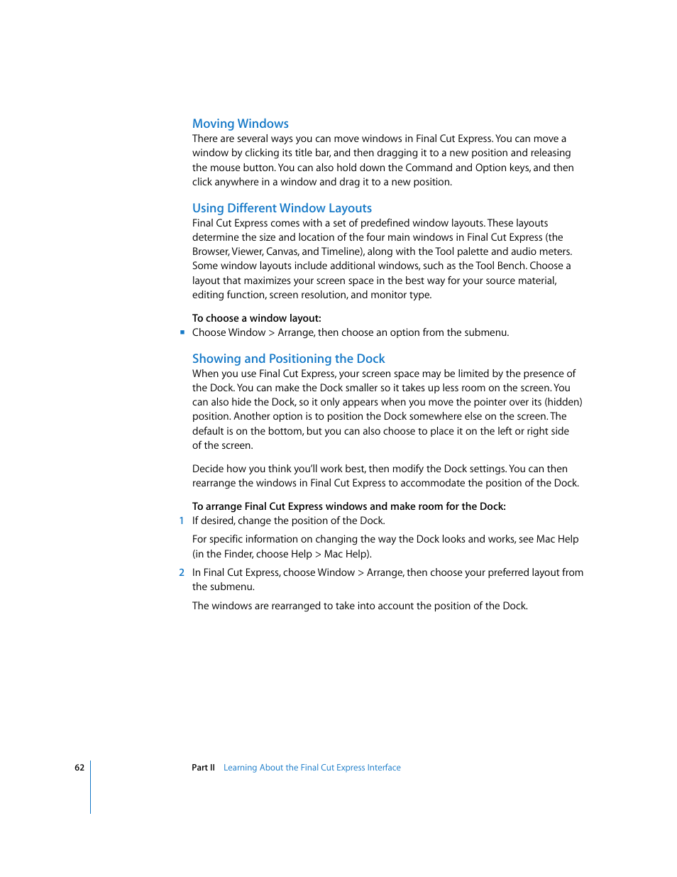 Moving windows, Using different window layouts, Showing and positioning the dock | Apple Final Cut Express 4 User Manual | Page 62 / 1152