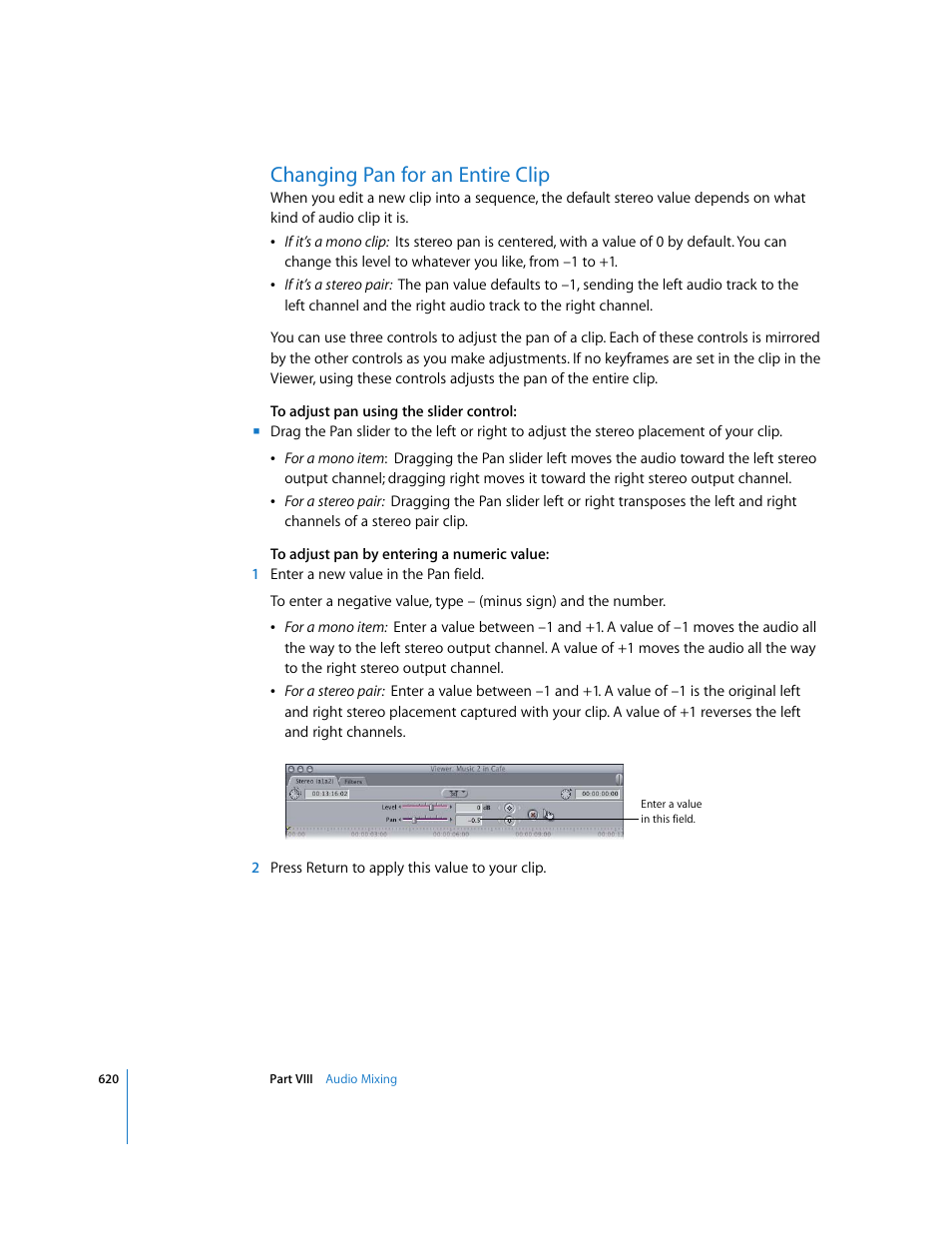 Changing pan for an entire clip | Apple Final Cut Express 4 User Manual | Page 620 / 1152