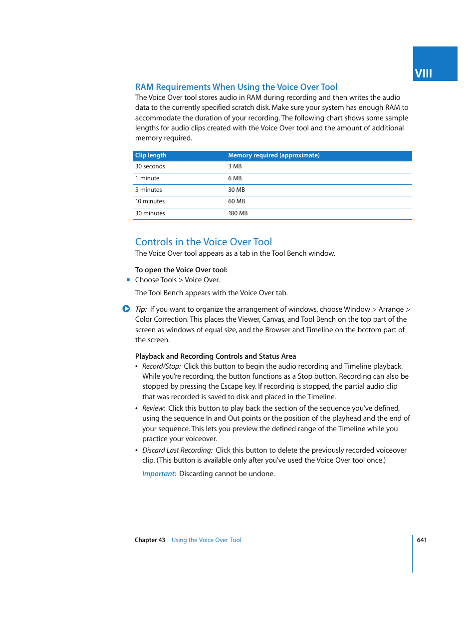 Ram requirements when using the voice over tool, Controls in the voice over tool, P. 641) | Viii | Apple Final Cut Express 4 User Manual | Page 641 / 1152