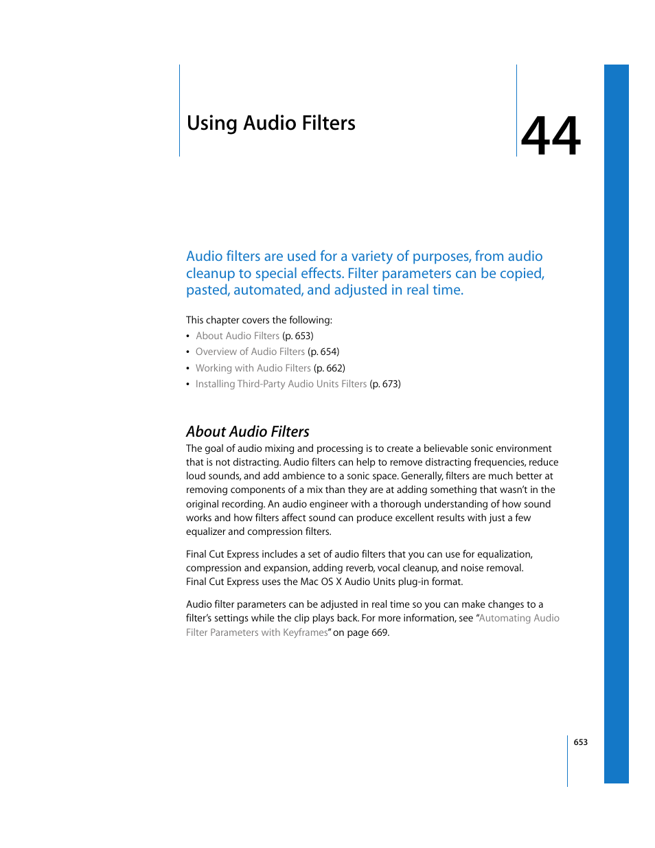 Using audio filters, About audio filters, Chapter 44 | Apple Final Cut Express 4 User Manual | Page 653 / 1152