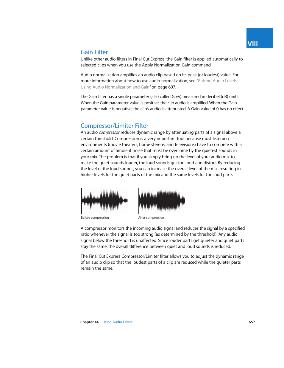 Gain filter, Compressor/limiter filter, Viii | Apple Final Cut Express 4 User Manual | Page 657 / 1152