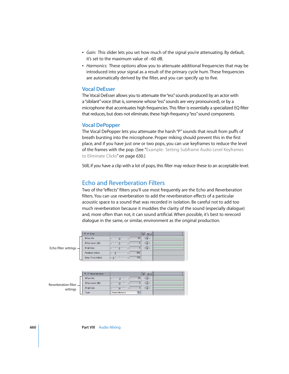 Vocal deesser, Vocal depopper, Echo and reverberation filters | Apple Final Cut Express 4 User Manual | Page 660 / 1152