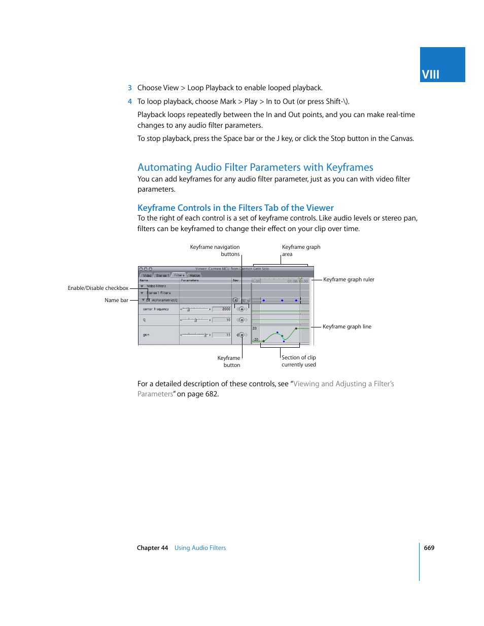 Automating audio filter parameters with keyframes, Keyframe controls in the filters tab of the viewer, Automating audio | Filter parameters with keyframes, Viii | Apple Final Cut Express 4 User Manual | Page 669 / 1152